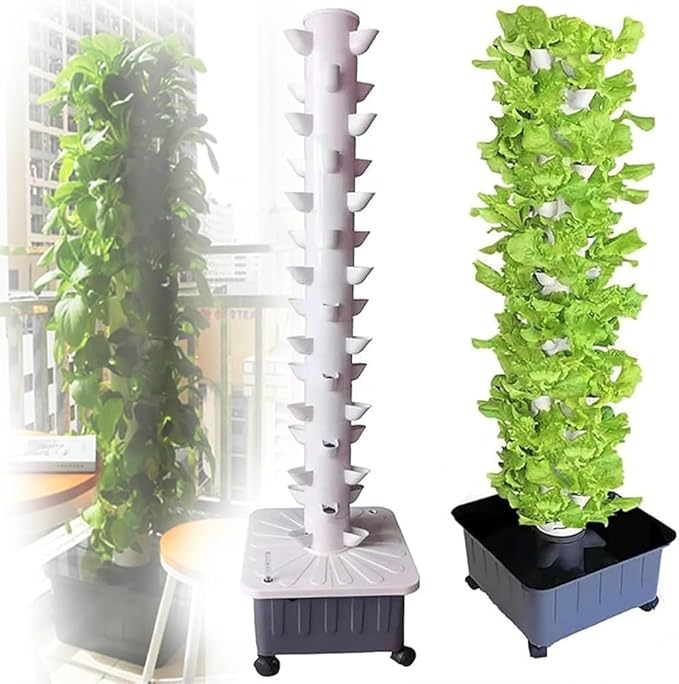 45 Holes Aquaponics Growing System Mesh Pots Soilless Growing Hydroponic Tower 15 Tier Aeroponic Grow Kit for Herbs Fruits and Vegetables with Moisturizing Pump Adapter