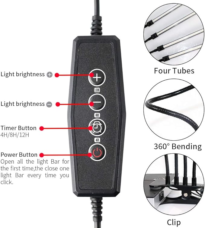KAKAA Plant Grow Light with LED 10 Adjustable Brightness 4-Head Full Spectrum Grow Light for Indoor Plants Led Clip-on House Plant Growing Lamp for Seedlings