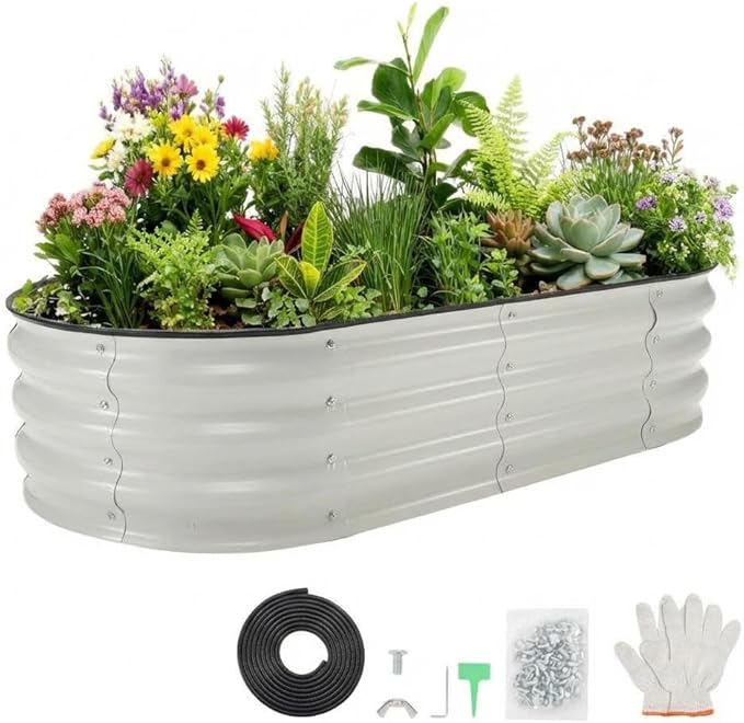 4x2x1 ft Galvanized Raised Garden Bed Open Base Metal Planter Box Oval Flower Bed with Safe Rubber Edge for Outdoor Vegetables Flowers &amp Herbs Easy Assembly White