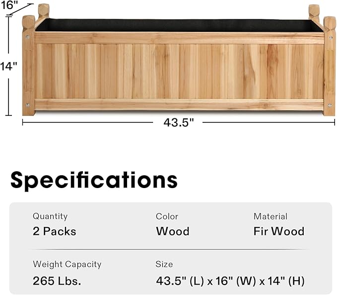 VIVOSUN 3.6 x 1.3Ft Wooden Raised Garden Bed 43.5 x 16 x 14 Inches Outdoor Wood Planter Box with Screwdriver and a Liner for Garden Patio Balcony Backyard and Outdoors 2Pcs