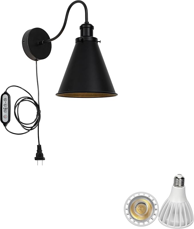 Hook Mounted Plant Light Full Spectrum 6000K 25W White Light Timing Plug in Cord Vintage Cone Shade Goose Neck Wall Lamp for Indoor Plants Flowers Growing