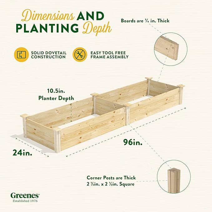 Greenes Fence Original Pine Raised Garden Bed 2' x 8' x 10.5 - Made in USA with American Pine