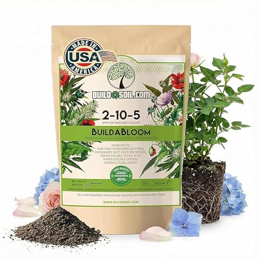 BuildASoil Vegan Bloom Booster &amp Flower Fertilizer - Plant Food for Organic Hydrangea Roses Hibiscus and Vegetables - Natural Soil Flower Food - Best Fertilizer for Vegetable Garden - 1 LB Bag