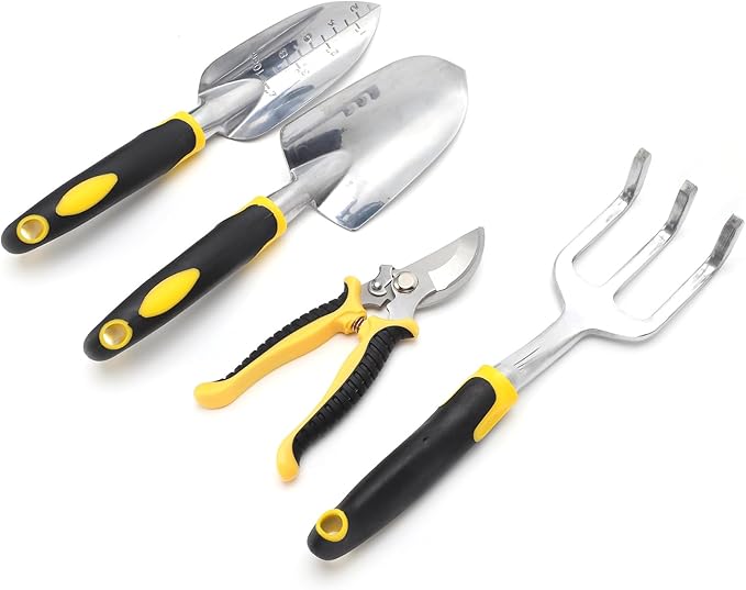 5Pcs Gardening Tool Kit Transplanting Spade Pruner with Cast Aluminium Head Heavy Duty Ergonomic Wood Handle for Planting Flowers Gardening Tool Kit Garden Tool Set Gardening