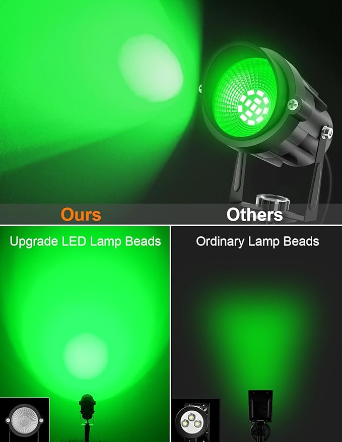 Green LED Spot Lights Outdoor 14 LED Landscape Lighting with US Plug IP65 Waterproof Spotlights for Tree Yard Garden Pathway Flag St. Patrick's Day Halloween Christmas Decor 2 Pack