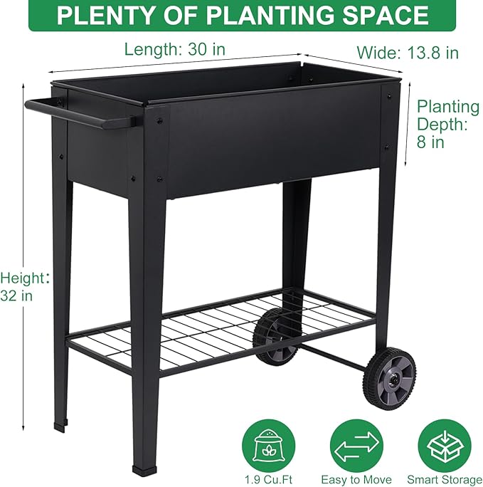 Elevated 32 Tall Raised Garden Bed with Legs and Wheels for Mobility Metal Planter Boxes Outdoor with Shelf Raised Bed for Gardening Vegetables/Herbs Backyard Patio Balcony Black