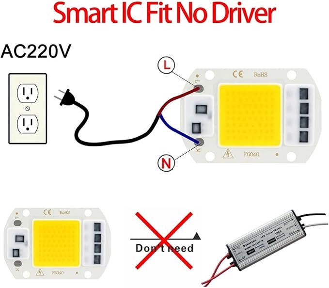 6PCS LED Chip AC 220V F6040 20W/30W/50W COB Lamp Bead Smart IC No Need Driver Outdoor Focus Spotlight Garden DIY Chip Lamp(6PCS 30W White)