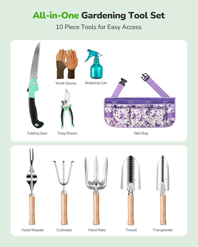 All-in-One Garden Tool Set with Tools Organizer Belt Adjustable 10-Piece Gardening Hand Tools Long Lasting Rust-Proof Premium Garden Tool Kit Gardening Gift for Women Men (Purple)