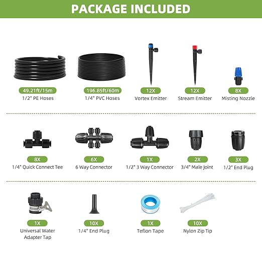 250FT Drip Irrigation System Kit Automatic Garden Watering System with 1/2 Hose and 1/4 Distribution Tubing-Adjustable Nozzles &amp Sprinklers for Garden Irrigation Yard Lawn Potted Plants。