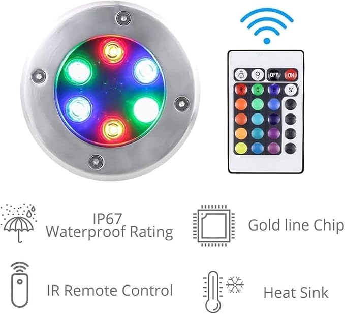 LED Underwater Fountain Light - RGB Landscape Lights with RF Remote Control Recessed Spotlight IP68 Waterproof Stainless Steel Garden Spotlight For Garden Pond Swimming Pool Terrace(Ac24v9W)