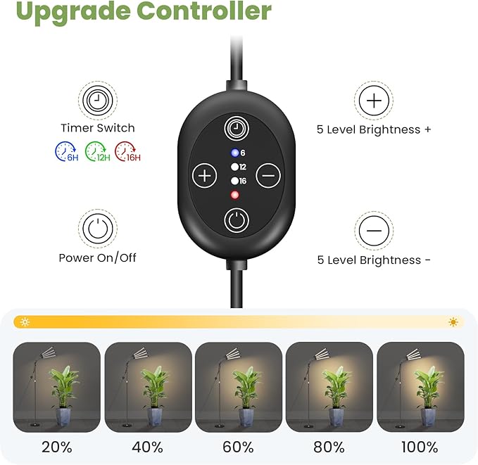 Floor Plant Grow Light 12V 660nm-Enhanced Full Spectrum LED Grow Lamp with Timer &amp Dimmable High PPFD 320 µmol/s/m²@6in 20W Plant Light for Indoor Growing E20-B