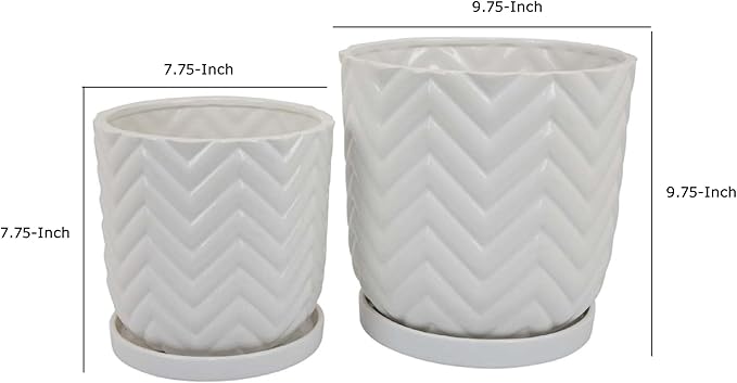 Planter Set of 2 Saucers Wave Patterns White Ceramic
