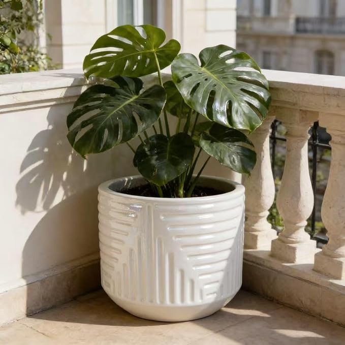 Handmade Ceramic Planter Pot 16 Inch Diameter 1 Cream White with Geometric Pattern for Monstera Deliciosa and Fiddle Leaf Fig IndoorOutdoor Doorway Use Breathable Clay