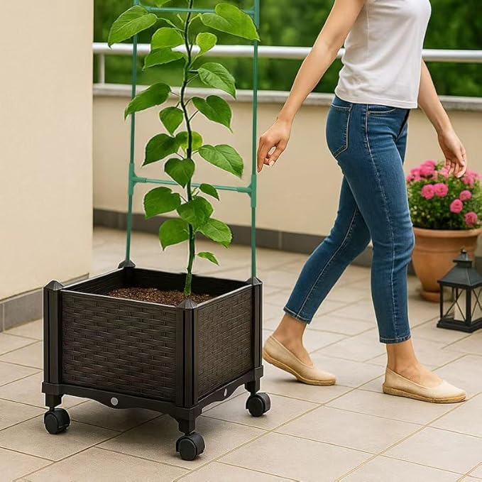 Sherbo Raised Garden Bed Planter Box on Wheels with Trellis Rattan Style Raised Planter Beds for Outdoor Plants Compact Mobile Planter Boxes Outdoor for Patio or Balcony