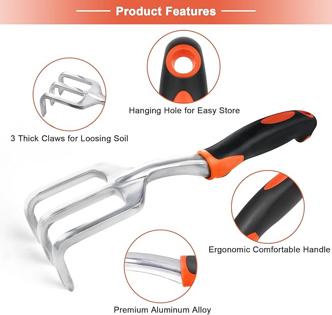Hand Rake Garden Tool Heavy Duty Hand Cultivators for Gardening + Garden Tools Set 8 Piece Gardening Tools Set