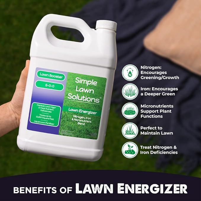 Commercial Grade Lawn Energizer - Grass Fertilizer Booster with Nitrogen Iron Micronutrients - Liquid Turf Spray Concentrated Fertilizer- Any Grass Type - Simple Lawn Solutions (1 Gallon)