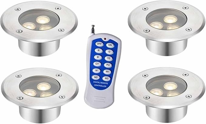 4PCS LED Underwater Buried Lights - IP68 Waterproof Round Recessed Spotlights for Fountains and Ponds (RGB AC 24V-3W &amp Green AC 12V)