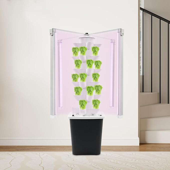 Hydroponic Grow Tower 6-Tier 30 Planting Holes PP Hydroponic Gardening Tower System with LED Lights Vertical Hydroponic Growing Kit Intelligent Timer 10L/2.64gal Water Tank (Black)