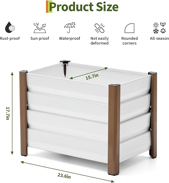 Garvee Aluminum Planter Box 24x16x18 Modern Raised Garden Bed with Rounded Corners &amp Anti-Cut Edging Deep Design with Drainage Holes for Outdoor Patio &amp Balcony White
