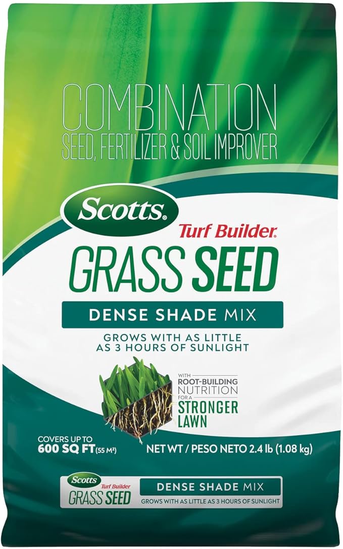 Scotts Turf Builder Grass Seed Dense Shade Mix with Fertilizer and Soil Improver Grows With Little Sunlight 2.4 lbs.