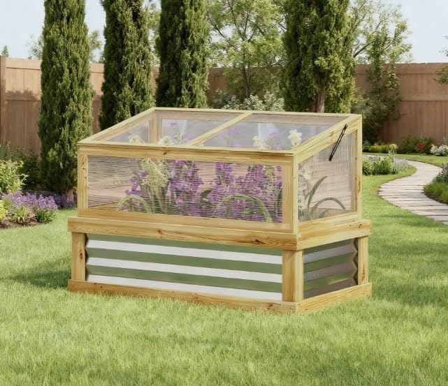 All-in-One Raised Garden Bed with Attached Greenhouse Wooden Cold Frame Planter Converts for 4-Season Growing Complete Flower &amp Vegetable Kit