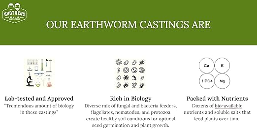 Brothers Worm Farm 10 Pounds Worm Castings (aka Worm Poop). Transform your indoor plants and gardens with a Lab-tested Eco-friendly and All-natural Worm Fertilizer. Safe Non-toxic and High in Benef