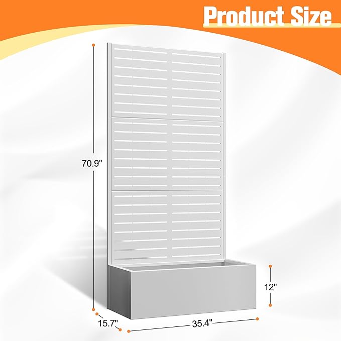 Metal Planter Box with Trellis Raised Garder Bed with Drainage Hole Privacy Screen &amp Trellis for Climbing Plants Outdoor Plant Stands 35''L×16''W×71''H White