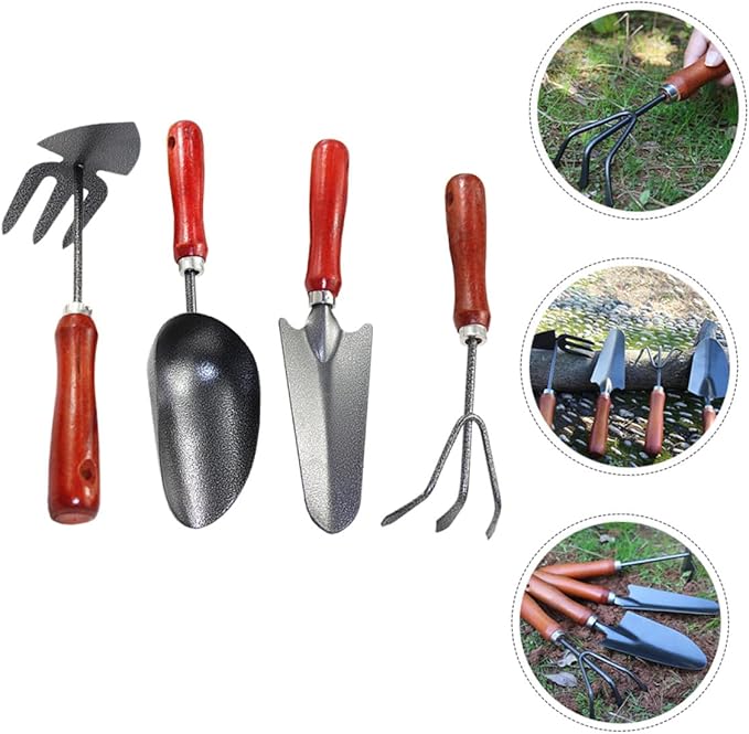 4pcs Small Garden Tool Set with Extended Narrow Shovel Dual-use Hoe and Rake Three-Prong Cultivator and Soil Scoop for Planting and Gardening Supplies