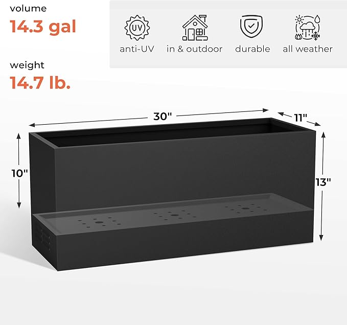 Worth Metal Planter Box with Insert Plate &amp Drain Holes Indoor or Outdoor Use No Assembly Required 30 x 11 x 13 14.3 Gallons Matte Black
