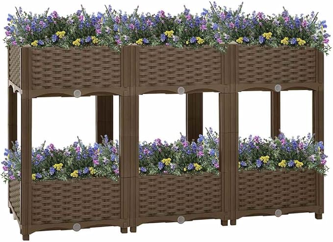 47.2x47.2x28 in Brown Modern Raised Garden Planter Box Durable UV-Resistant Polypropylene Outdoor Herb &amp Tomato Planter Bed for Garden Patio and Balcony