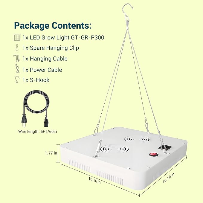 GT-Lite Plant Growing Lamps Garden LED Grow Light Wide Spectrum Grow Flat Light Promotes Plant Growth Damp Rated Equivalent for 300 Watt