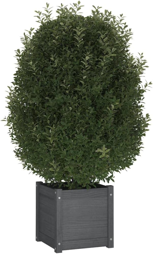 Grey Solid Pinewood Planter for Outdoor Plants Rustic Matte Finish 15.7 inch Cubic Decorative Inlays Garden Bed Raised Planter Box for Patio Balcony