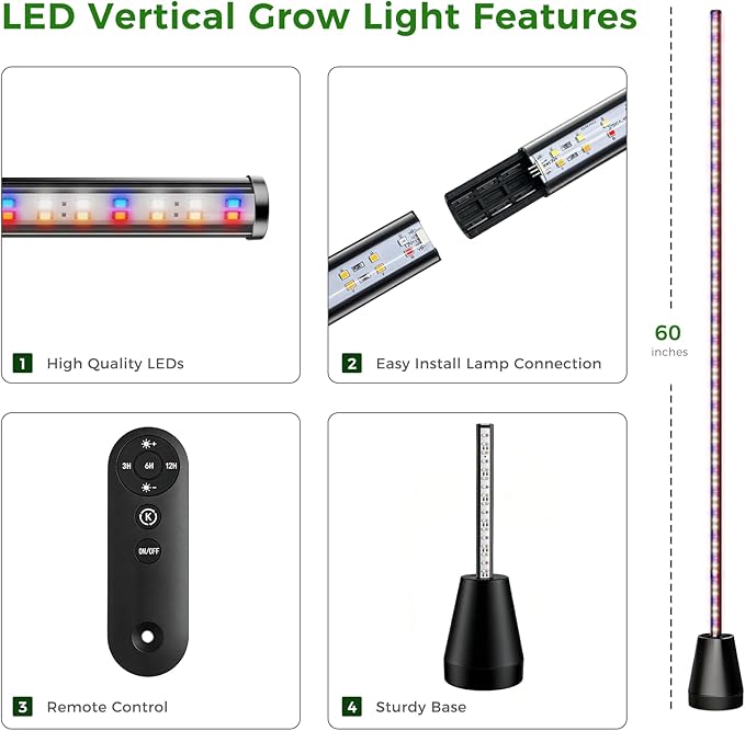 Grow Lights for Indoor Plants with Timer 60 Inch Vertical Grow Light Full Spectrum 192 LEDs 24W with 3/6/12H Auto On/Off Remote 3 Light Modes 5-Level Dimmable Standing Plant Lamp