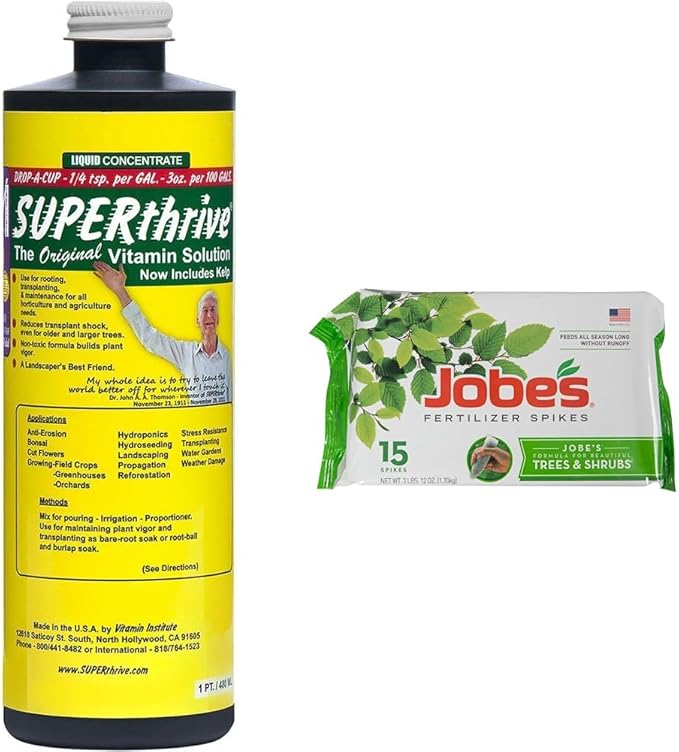 SUPERthrive VI30155 Plant Vitamin Solution 1 PintMulti and Jobe’s Slow Release Tree and Shrub Fertilizer Spikes 15 Count