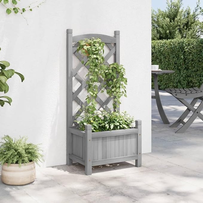Gray Elevated Garden Bed Planter with Trellis 11.8x15.7x35.4 Solid Fir Wood Raised Box for Patio Balcony Outdoor Indoor Climbing Plants