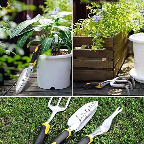 Garden Tool Set 3 Pcs Gardening Tools Including Garden Trowel Transplant Trowel and Hand Cultivator Aluminum Alloy Gardening Supplies with Handle for Gardening Digging Transplanting Yellow