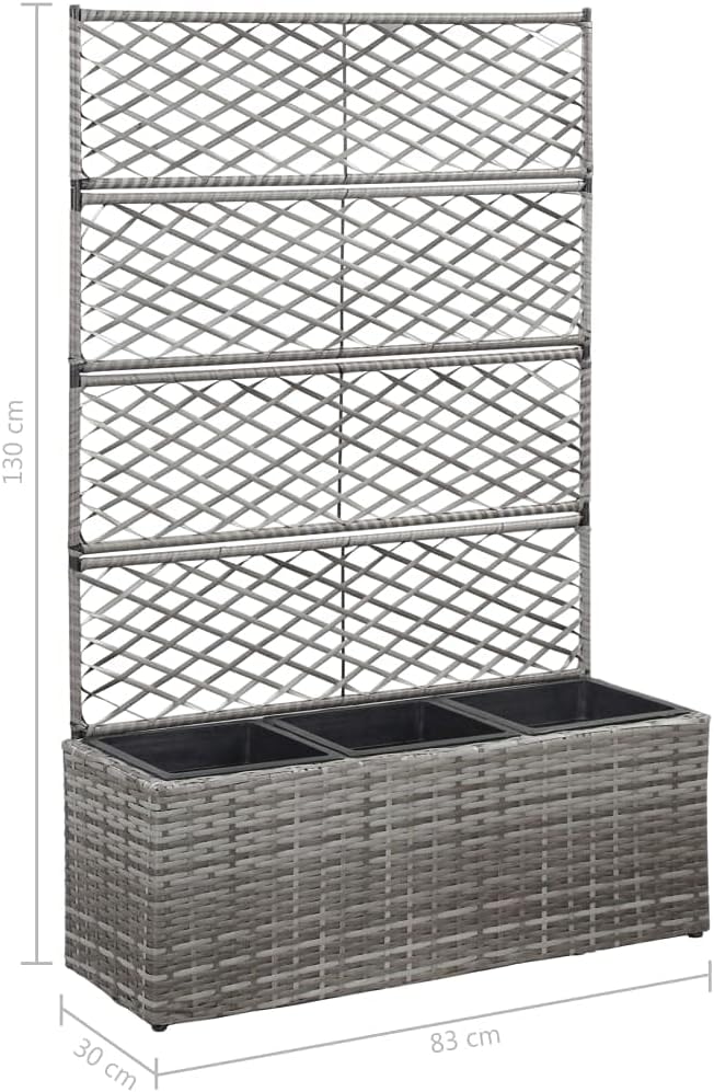 YAFF Trellis Raised Bed with 3 Pots 32.7x11.8x51.2 Poly Rattan Gray(Gray)