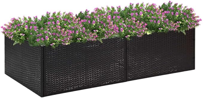 vidaXL Outdoor Garden Planter Bed - Durable Poly Rattan Rectangular Flower Box with Powder-Coated Steel Frame and Inner Nylon Bag - Black