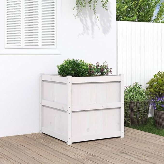 Wooden Garden Planter Box Outdoor Flower Box Wood Flower Boxes for Outdoor Plants Raised Garden Bed Planter Box White 27.6x27.6x27.6 Solid Wood Pine-96