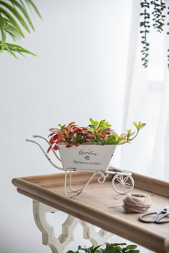 11.5x4x7 White Metal Decorative Disressed Wheelbarrow Planter Tabletop Decor