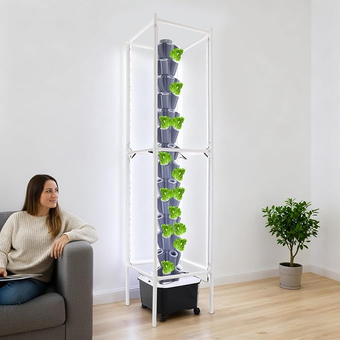 Hydroponic Grow Tower 14 Layers 70 Holes Hydroponic Gardening Tower Vertical Hydroponic Growing Kit Floorstanding Hydroponics System w/LED Lights&ampWheels for Homes Bedrooms Botanical Gardens (Grey