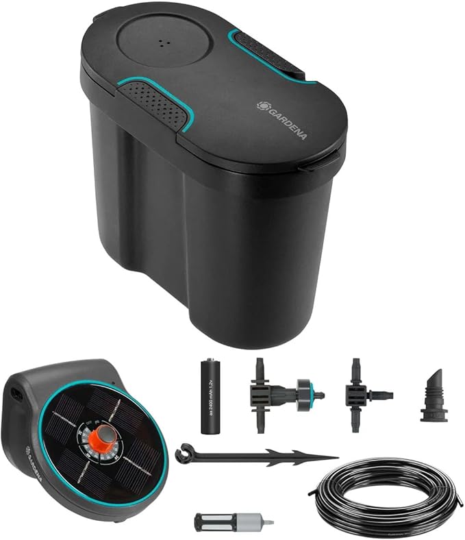 GARDENA (13301) Solar-Powered AquaBloom Garden Irrigation Sprinkler Kit with Water Tank: Water up to 20 Potted Plants with Adjustable drip Irrigation System for Automatic Watering of Patio Plants.
