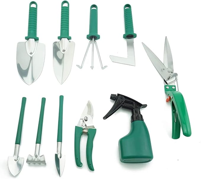 10 PCS Garden Hand Tools Set Planting KitGarden Work Tool with Carrying Case Gardening Tools with Water Proof and Never Mould ToteHandle Rake Weeder Trimmer Scissors Garden Hand Tool Belt Suitcase