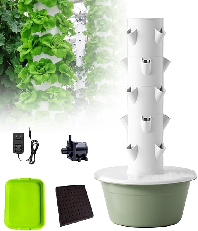 Vertical Hydroponic TowerSmart Hydroponic Growing Syst-emSoilless Cultivation Vertical Hydroponic Garden Towerwith Pump and Movable Water Tankfor Indoor Herbs Fruits and Vegetables5Layers