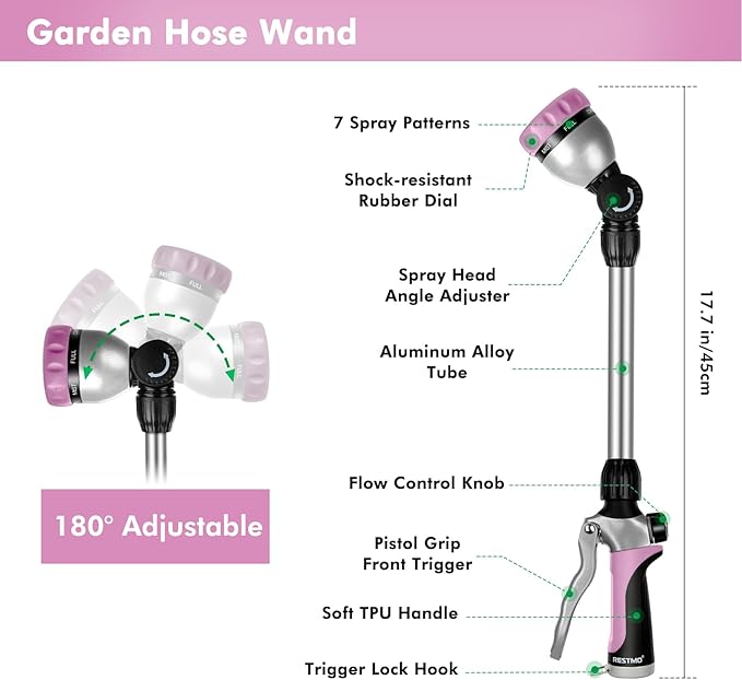 RESTMO Metal Watering Wand Heavy Duty Garden Hose Wand with 180° Swivel Ratcheting Head 16'' Hose Nozzle Sprayer with 7 Spray Patterns and Flow Control for Water Hanging Baskets and Shrubs Pink