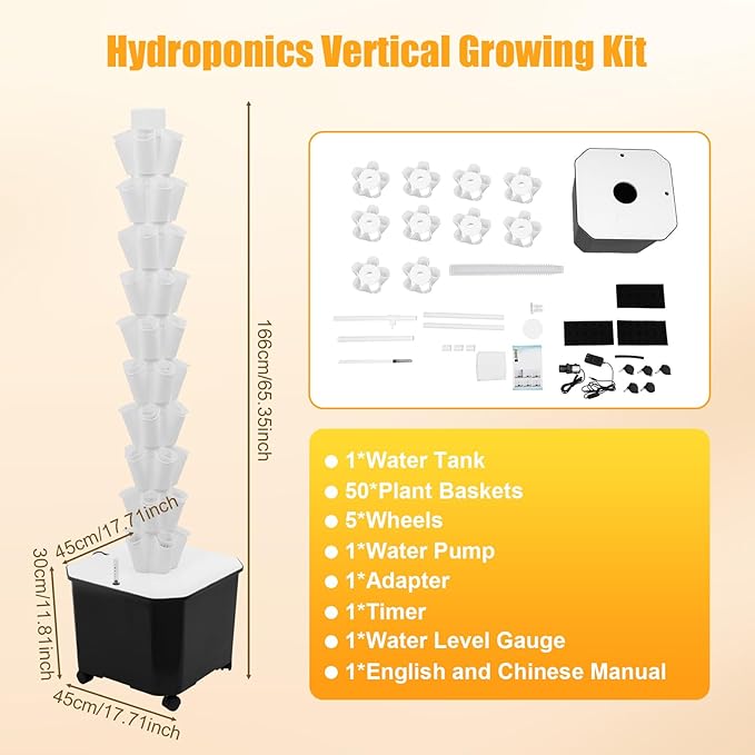 Hydroponic Growing System Kit Aeroponic Tower 50 Hole Garden Vertical Vegetable Planting System with Pump&ampTimer and Mobile 11.89Gal Water Tank (White)