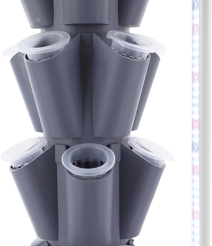 Hydroponic Grow Tower 70 Plant Sites 14-Tier Vertical Gardening System with LED Grow Lights 25L Water Tank with Timer &amp Pump Rolling Indoor Garden with Wheels for Home Kitchen Balcony (Gray+Bla