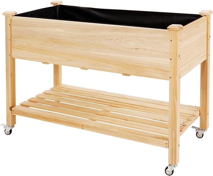 SlickBlue Wood Raised Planter Bed with Wheels Shelf Drainage Liner for Patio