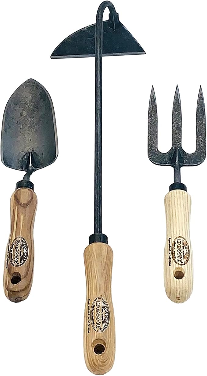 DeWit 3-Piece Petite Garden Tool Set – Dutch Hand Hoe Small Trowel &amp Hand Fork – Tempered Boron Steel with Ash Hardwood Handles