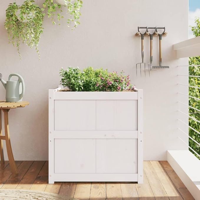 Garden Planter Box White Solid Pine Wood 27.6 inch Square Raised Bed for Outdoor Plants Durable Rustic Design for Patio Terrace